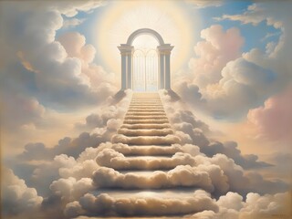 staircase and gate in heaven in the clouds, symbol of paradise 
