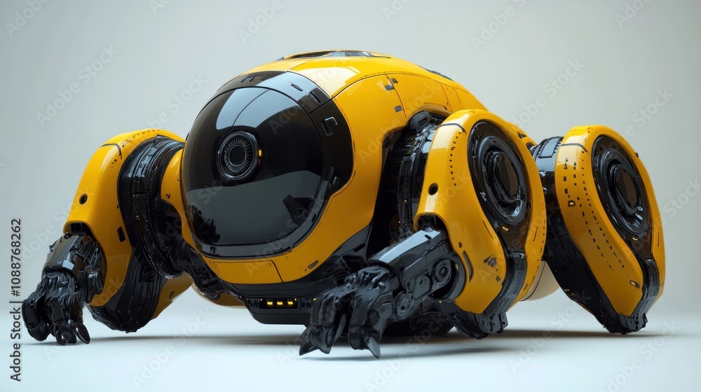 Poster futuristic yellow robotic creature with multiple limbs and a camera.