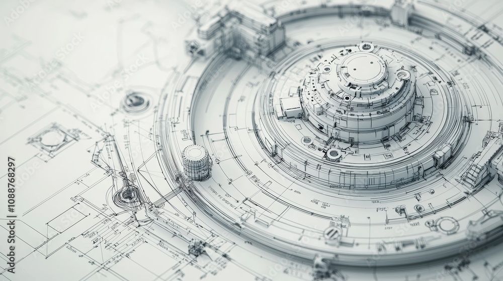 Poster intricate technical blueprint of a circular mechanism with detailed measurements and components for 