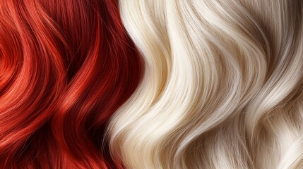 Fototapeta premium Vibrant red and platinum blonde hair extensions showcase contrasting colors and textures, highlighting the beauty of diverse hair shades and styles in close-up.