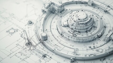 Intricate Technical Blueprint of a Circular Mechanism with Detailed Measurements and Components for Engineering and Design Applications