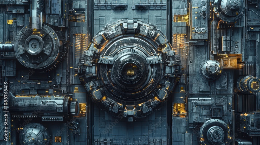 Poster futuristic machine interface with complex geometric shapes and illuminated controls in industrial me