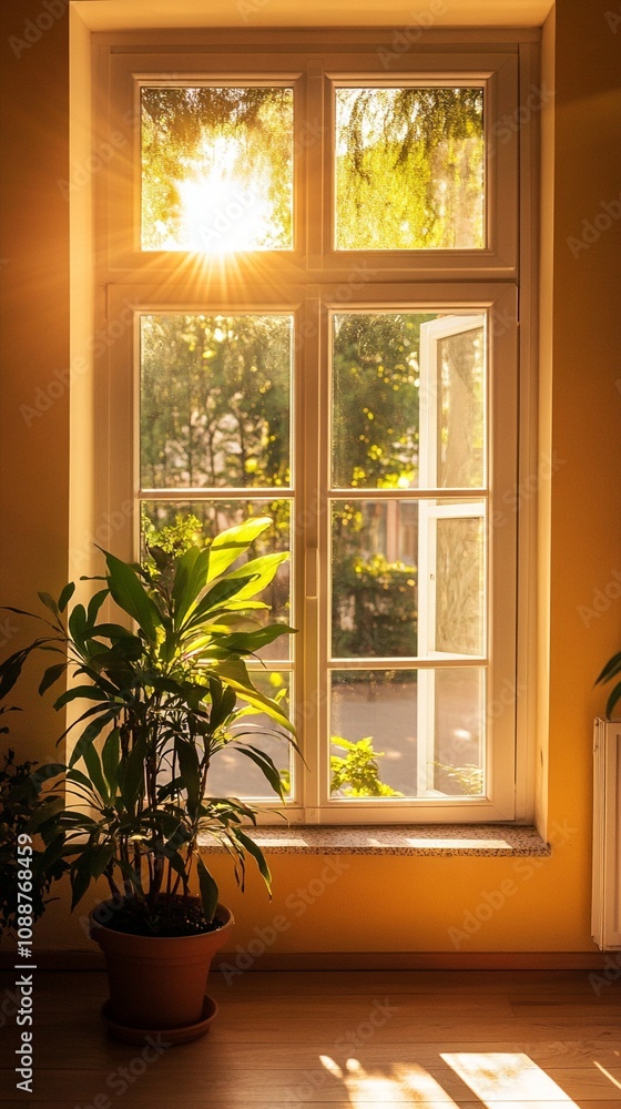 Poster sunlight streams through an open window, casting a warm glow on the interior and illuminating a pott