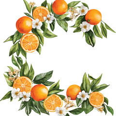 vector watercolor oranges with flowers border set on white, perfect for invitation card design, orange botanical Wedding Invitation, floral invite thank you,  modern card Design in oranges and flowers