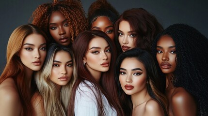 Diverse group of beautiful women showcasing various skin tones and hair textures, embodying inclusivity and beauty in all forms. A powerful image of unity and representation.