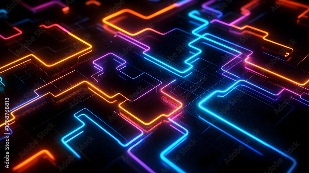 Poster abstract 3d neon circuit background with glowing lines and energetic colors