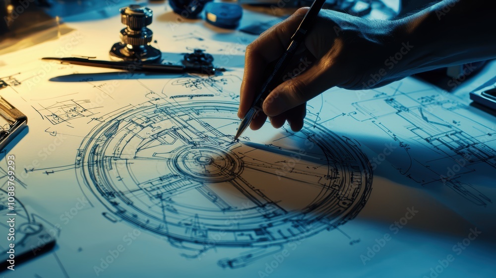 Poster detailed hand sketching a technical blueprint of a complex mechanical device with precise lines and 