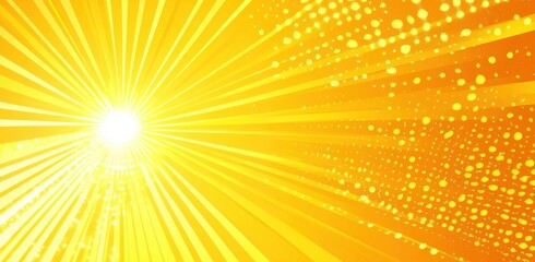 Obraz premium Bright yellow sun rays form the background of this vector illustration, which includes numerous dots that are shiny, glowing and beautiful. The background is orange with a white center in the middle.