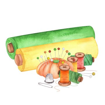 recommend clip art: Fabric rolls with pincushion, threads, thimble, pins. Sewing clipart. Dressmaking kit. Atelier. Hand-drawn watercolor illustration