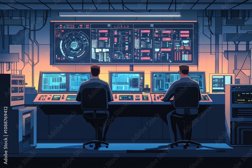 Poster futuristic control room with operators monitoring high-tech systems, displays flickering with data i