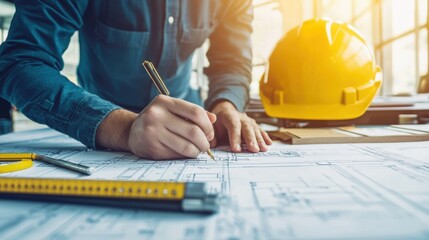 Professional architect drafting building plans with precision on blueprints, showcasing attention to detail and construction planning, with safety helmet in the background.