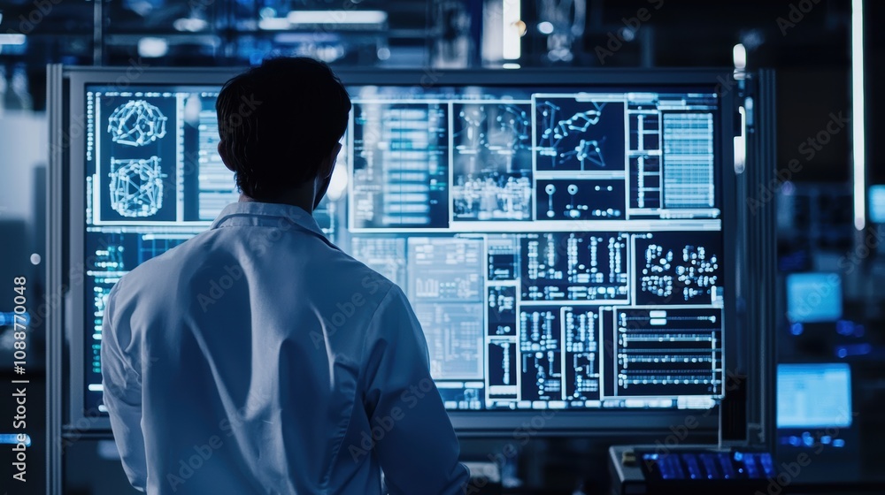 Poster scientist analyzing data on large screen in advanced laboratory, working with high-tech graphics and