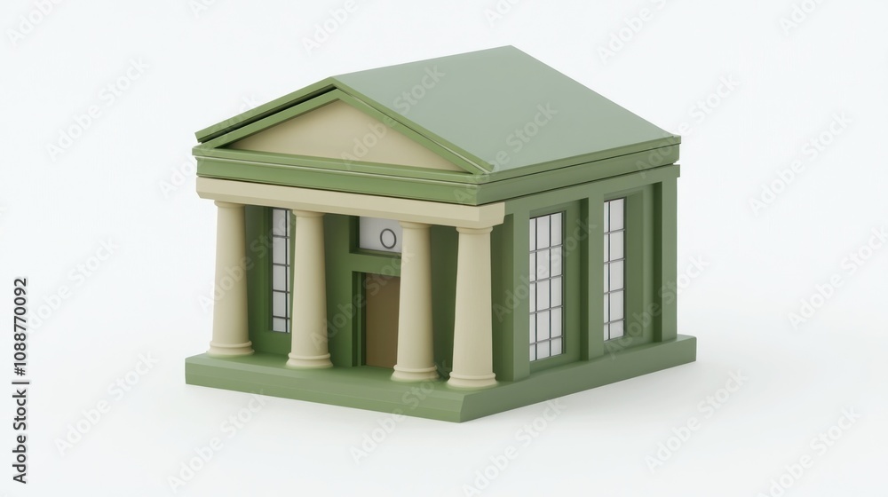 Poster a stylized green and cream building with columns, resembling a classical architecture design.