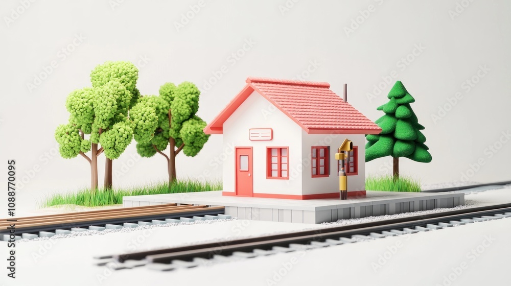 Poster a colorful train station model with trees and grass beside railway tracks.