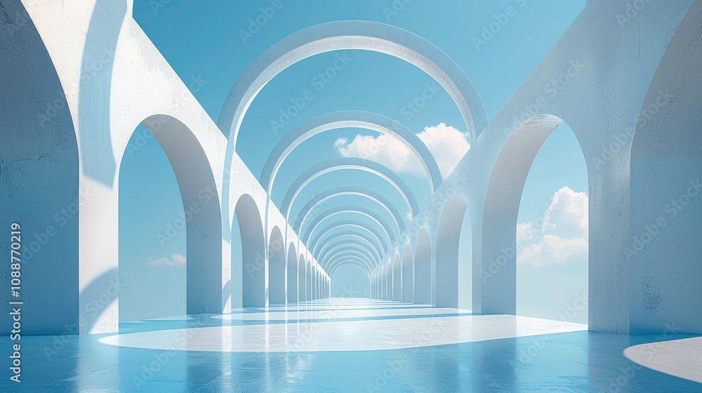 Poster a minimalist composition of several white arches on an empty blue sky background, creating a sense o