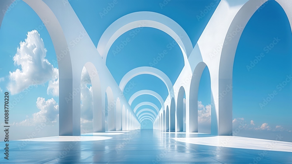 Aufkleber A minimalist composition of several white arches on an empty blue sky background, creating a sense of depth and perspective.