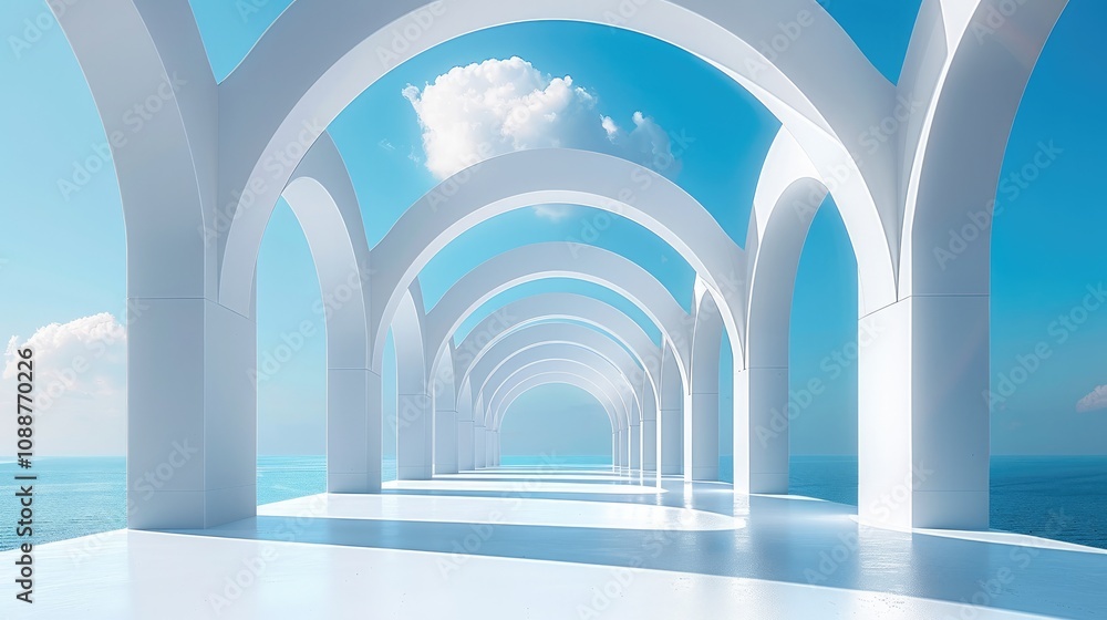 Aufkleber a minimalist composition of several white arches on an empty blue sky background, creating a sense o