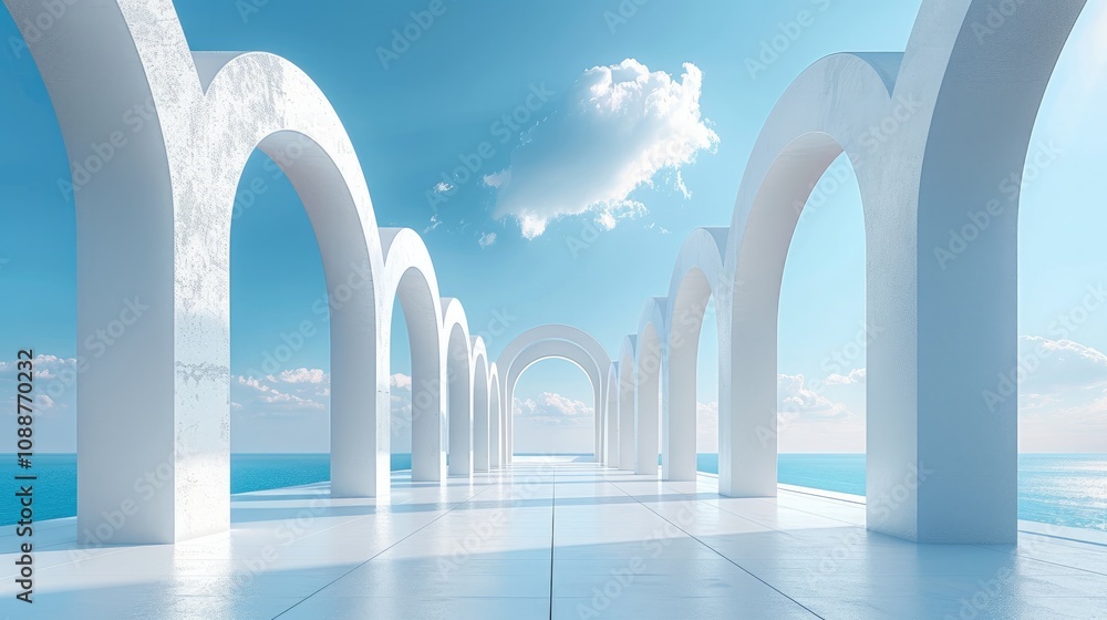 Aufkleber A minimalist composition of several white arches on an empty blue sky background, creating a sense of depth and perspective.