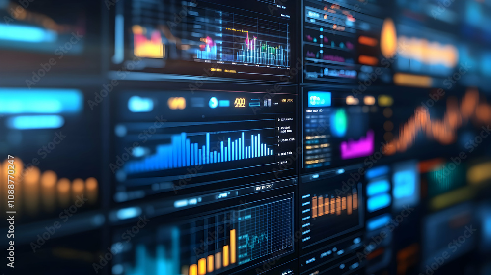 Poster abstract 3d digital dashboard displays dynamic financial data and market trends with glowing visuali