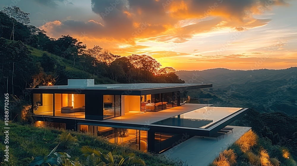 Poster modern house with a great view during the summer in a valley.
