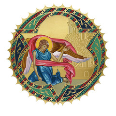 The Angel. Religious decorative sun- dome. Illustration in Byzantine style isolated