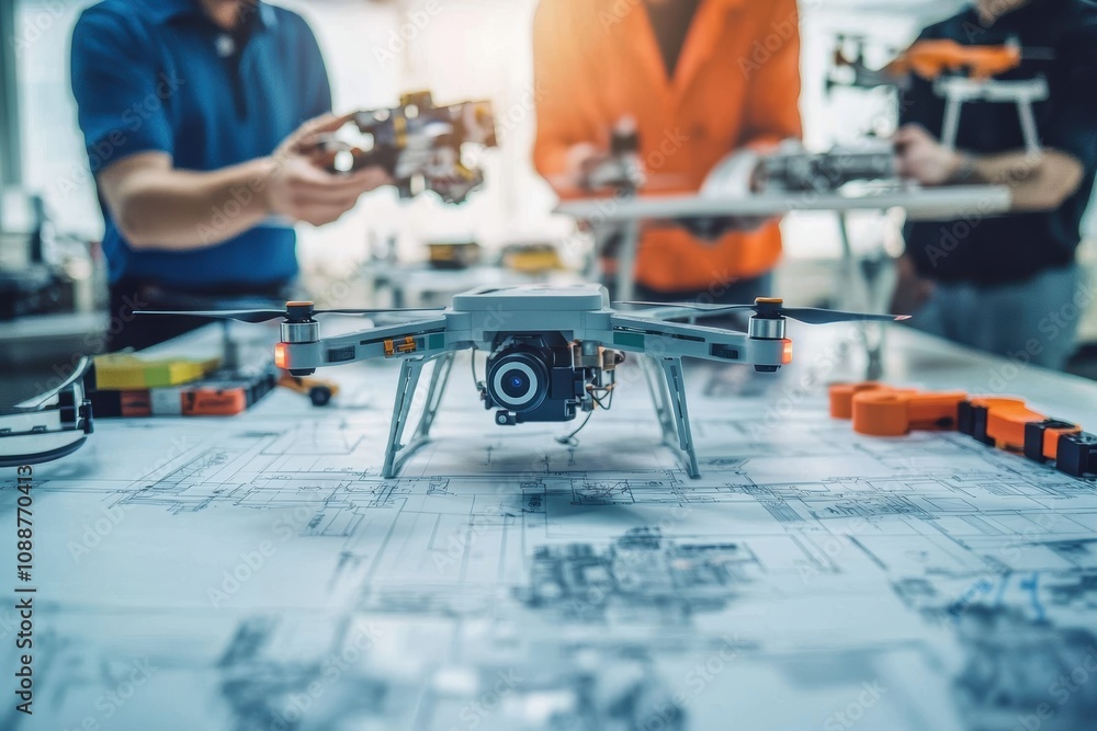 Poster close-up of a drone over blueprints with engineers collaborating in a modern workshop setting, showc