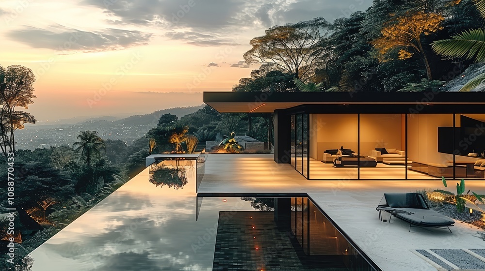 Poster modern house with a great view during the summer in a valley.