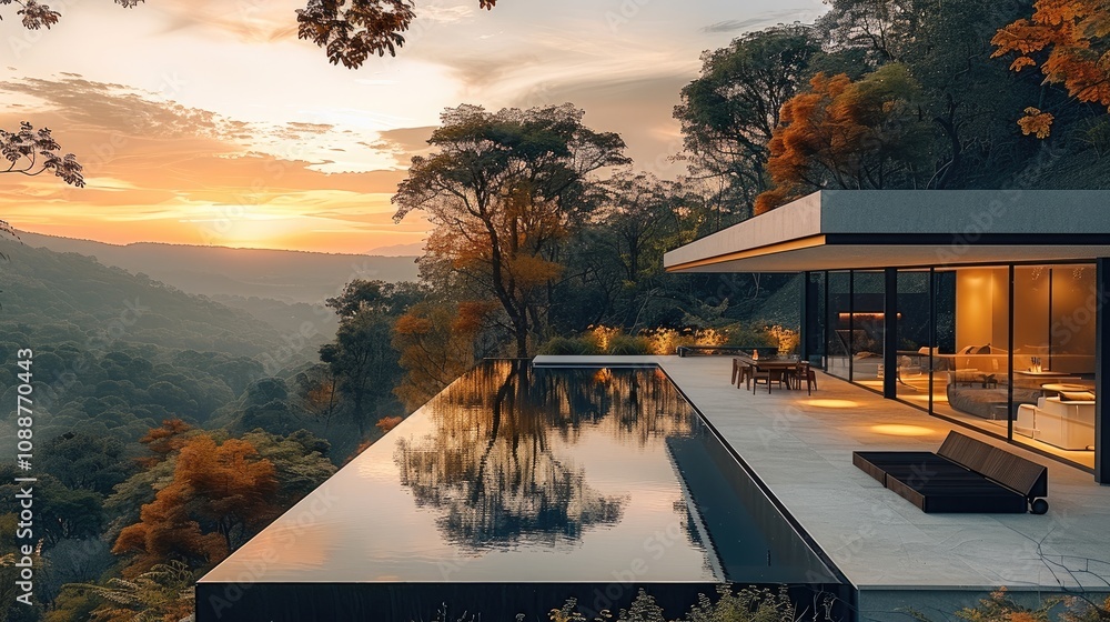 Poster modern house with a great view during the summer in a valley.