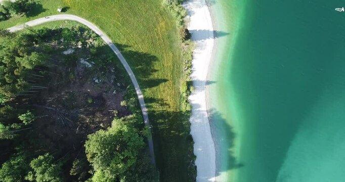 Aerial view, Drone flight over Walchensee, beautiful Alpine lake in Bayern, Germany.