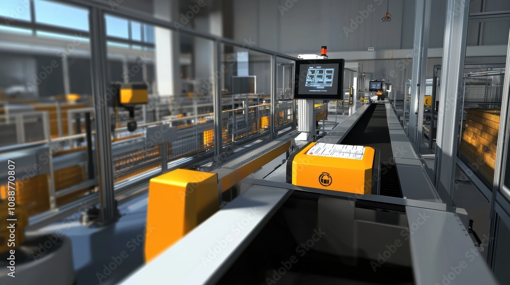 Poster advanced automated warehouse system featuring high-tech conveyor belts and intelligent monitoring in