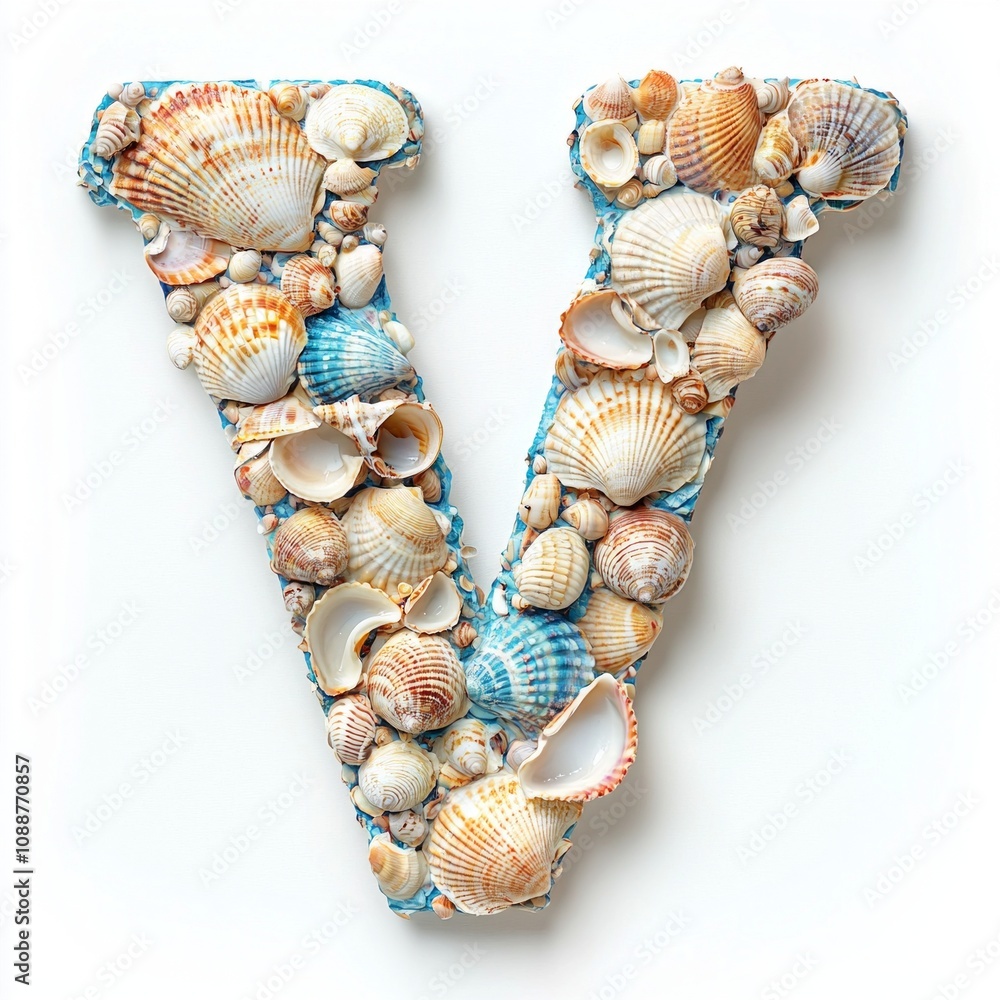 Poster large decorative letter v crafted entirely various seashells showcasing intricate patterns and textu