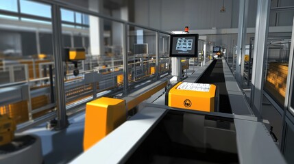 Obraz premium Advanced Automated Warehouse System Featuring High-Tech Conveyor Belts and Intelligent Monitoring in an Efficient Industrial Environment