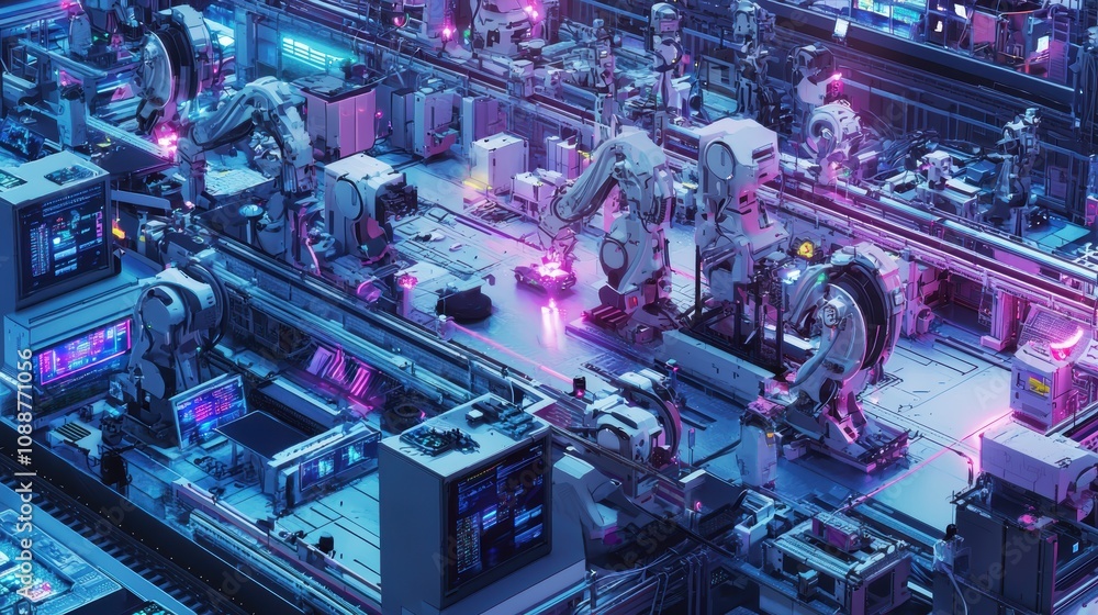 Poster futuristic automated manufacturing facility with robotic arms and neon lighting in a high-tech envir