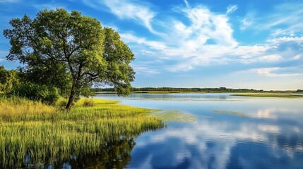 Obraz premium Tranquil Lake Landscape with Tree Reflection
