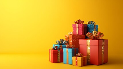 Obraz premium Gift Christmas and New Year A stack of colorful boxes with bows on top, arranged on a yellow background