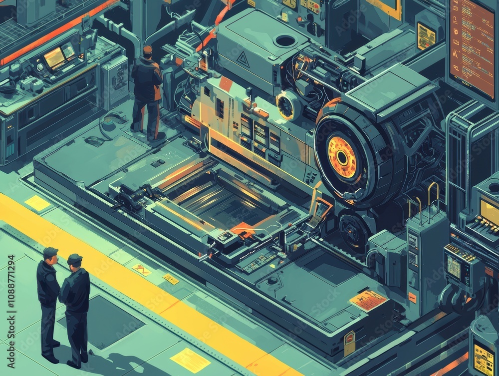 Poster futuristic industrial factory setting featuring advanced machinery and two engineers discussing tech
