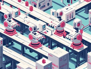 Obraz premium Futuristic Factory with Robotic Arms and Automated Production Lines in a Vibrant Industrial Setting Featuring Streamlined Operations and Modern Technology