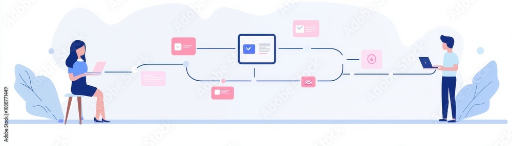 Aufkleber a digital illustration showing two individuals engaged in a data exchange, with icons suggesting com