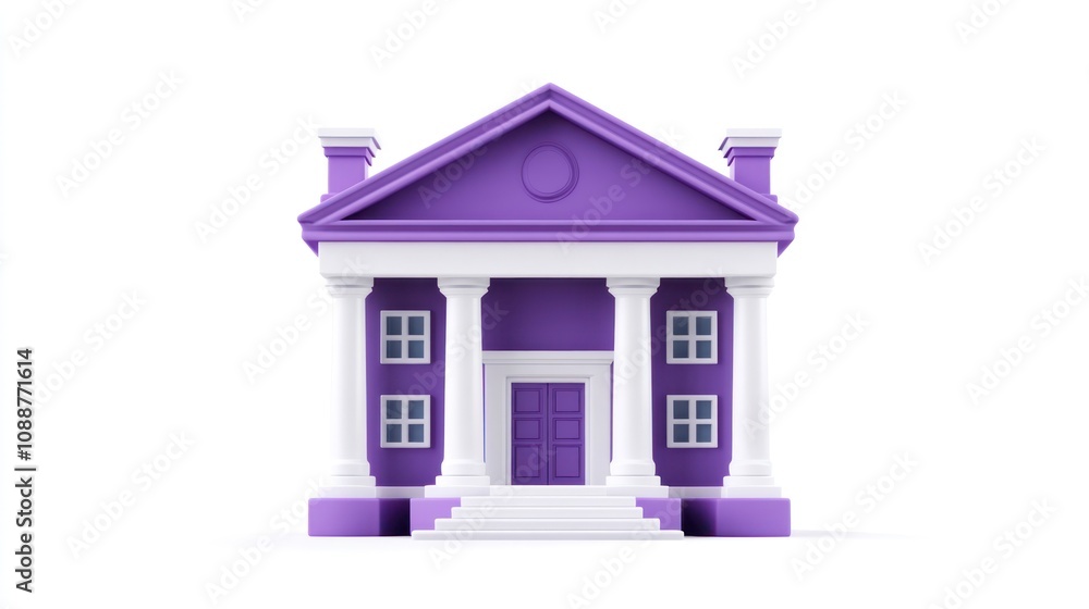 Poster A stylized purple building with columns and steps, resembling a classical structure.