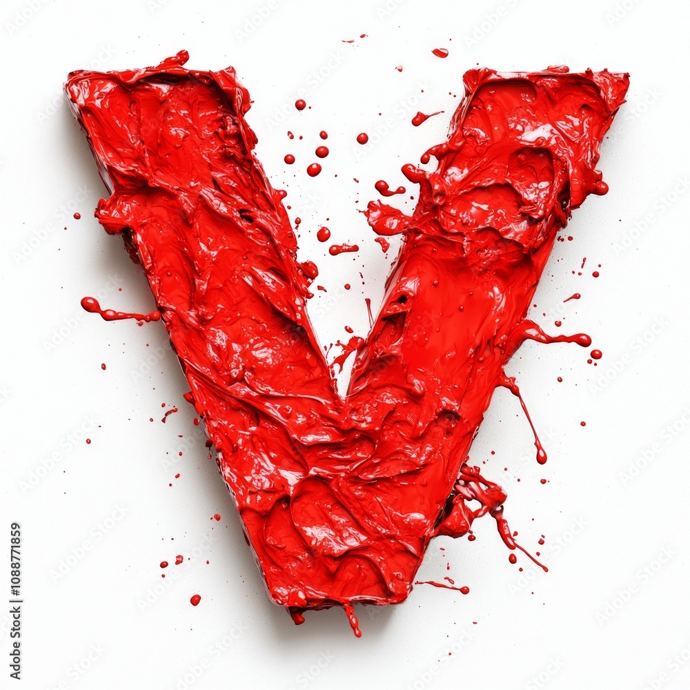 Poster letter V artistically rendered striking red brown splash contrasting clean white background creating eye catching visual element ideal graphic design projects