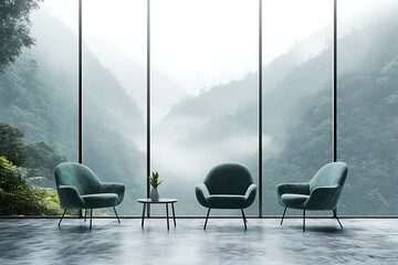 Serene Mountain View: Modern Interior Design with Cozy Armchairs
