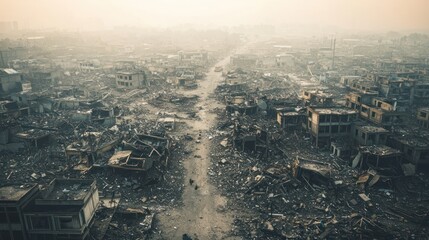 Obraz premium An aerial shot of a destroyed city after a natural disaster, showcasing the extent of the devastation