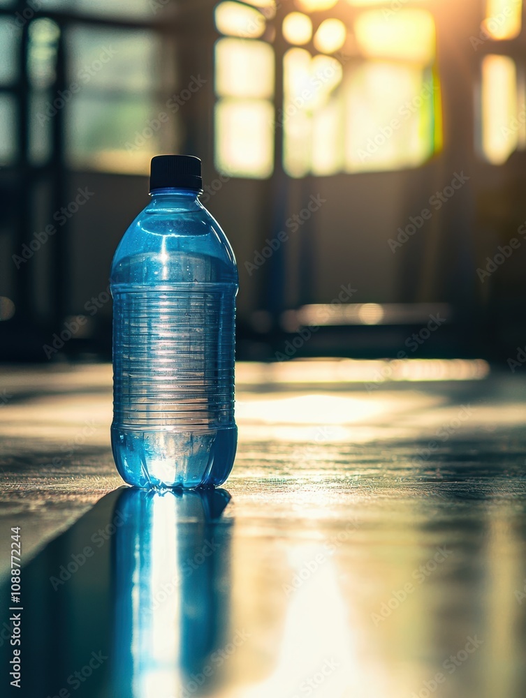 Poster close-up of a plastic water bottle on a reflective surface with sunrise light creating a soft glow i