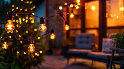 Close-up of a street garland with warm light on patio late at night. Dark Bokeh Background with Light Bulbs