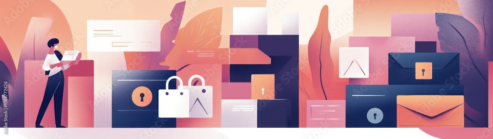 Poster a stylized illustration of a person interacting with secure storage and communication elements.