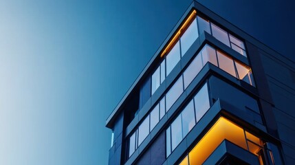 Obraz premium Modern building facade illuminated at dusk with sleek design.