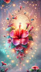Radiant Hibiscus in Ethereal Glow with Fairy Lights