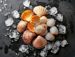 Fototapeta premium Freshly Harvested Shellfish Displayed on Ice with Scallops and Varied Shell Types on a Dark Slate Background for Culinary and Seafood Themes
