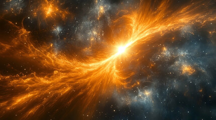 Fototapeta premium Fiery Cosmic Nebula: Abstract 3D Illustration of a Starburst Erupting Energy Across a Dark Space Background