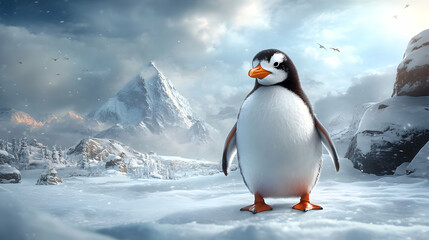 Obraz premium A 3D Rendered Penguin Stands in a Snowy Mountain Landscape